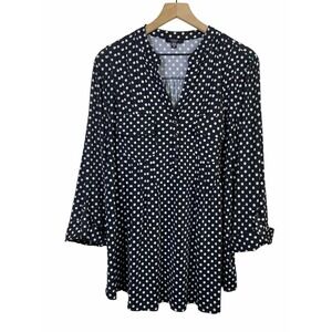 Cocomo Top Women 2X Black Polka Dot 3/4‎ Roll Tab Sleeve V Neck Henley Stretch
